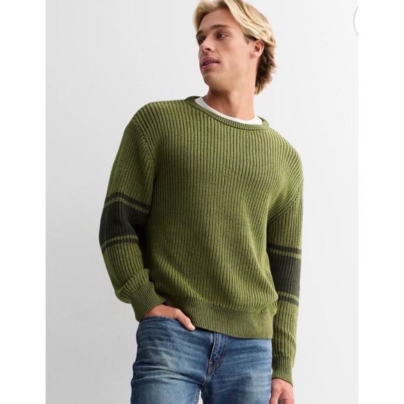 Sage + Steel Other - Sage + Steel Mens XXL Shaker Knit Sweater Olive Green Striped Sleeve Crewneck